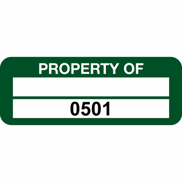 Lustre-Cal Property ID Label PROPERTY OF Polyester Green 2in x 0.75in 1 Blank Pad&Serialized 0501-0600,100PK 253744Pe2G0501